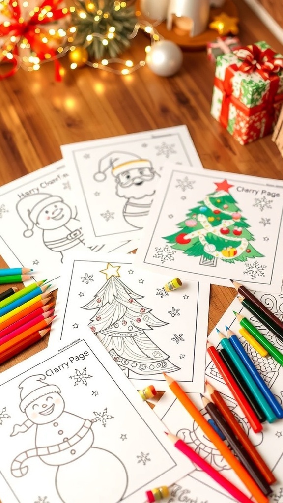 A festive display of Christmas coloring pages with Santa, Christmas tree, and snowmen on a table with colored pencils.